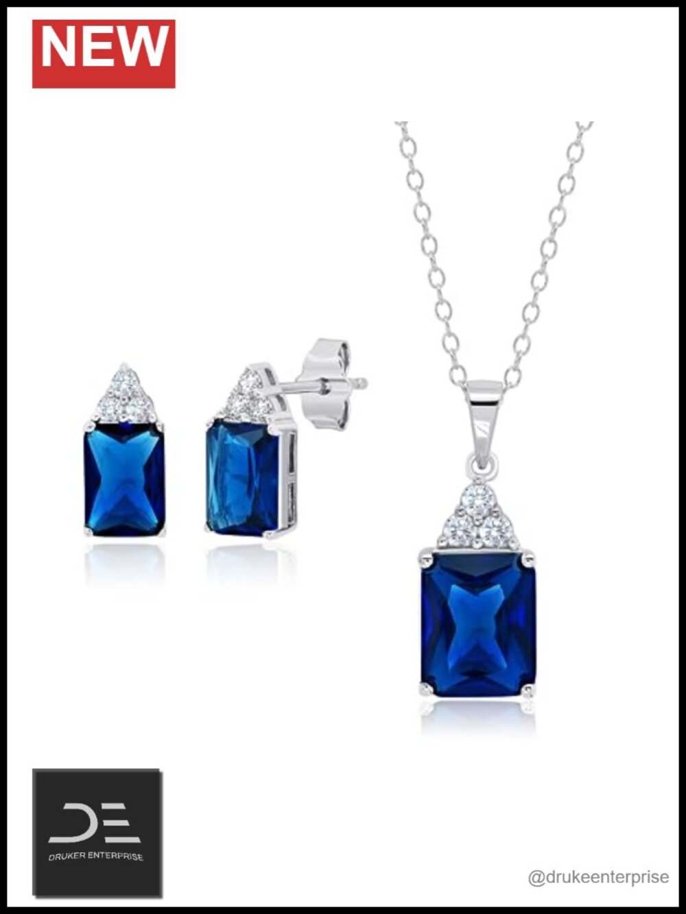 Sterling Silver Simulated Sapphire Pendant Necklace & Stud Earring Jewelry Set